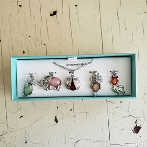 Silver Necklace with interchangeable charms Elephant, Owl, Fish, Lady bug, Frog
